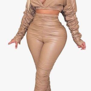 Faux Leather 2 Piece Stacked Leg Pants Suit